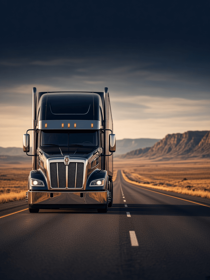 Semi truck on an open highway at dusk